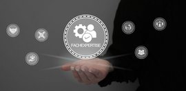 Fachexpertise Man sieht einen Kreis mit dem Wort Fachexpertise neben kleineren Kreisen mit verschiedenen Symbolen.