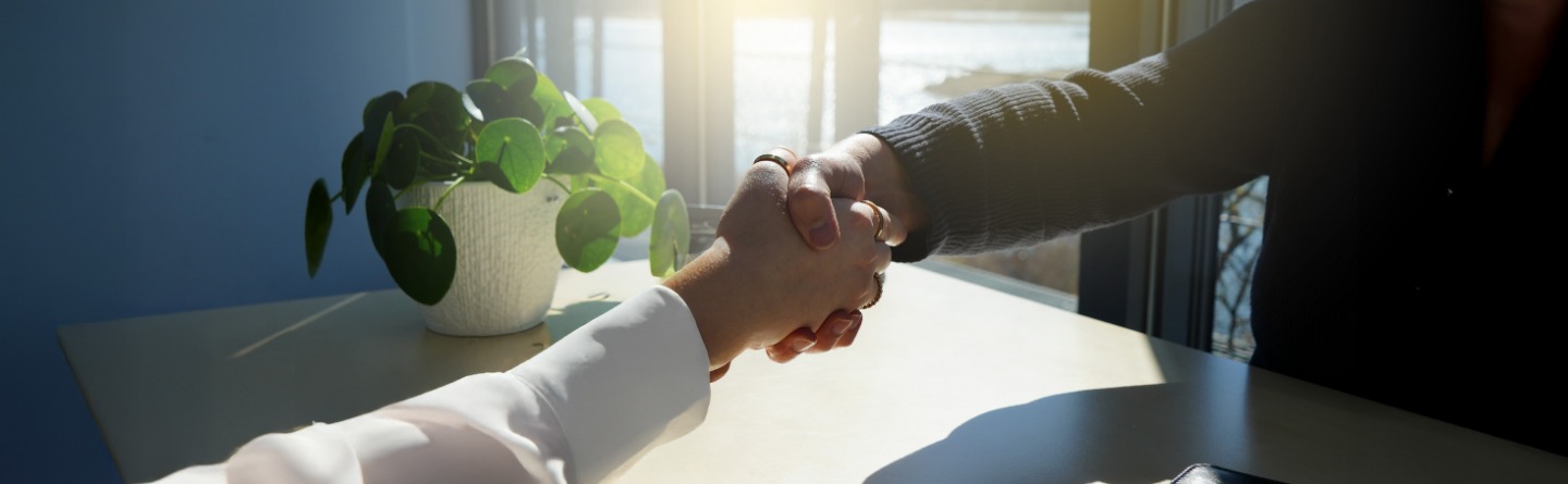 Zwei Personen, die sich die Hand geben Zwei Personen, die sich über einem Tisch die Hand geben.