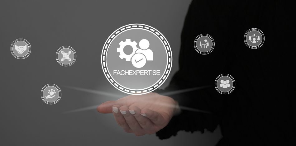 Fachexpertise Man sieht einen Kreis mit dem Wort Fachexpertise neben kleineren Kreisen mit verschiedenen Symbolen.