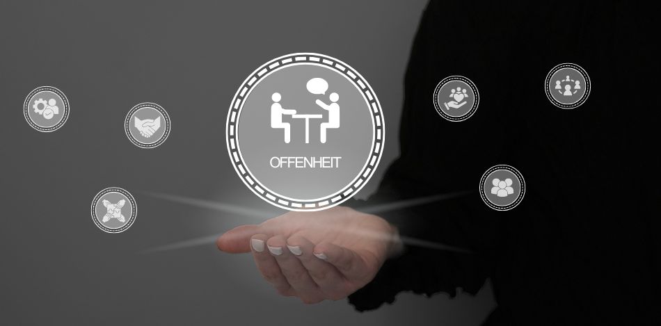 Offenheit Man sieht einen Kreis mit dem Wort Offenheit neben kleineren Kreisen mit verschiedenen Symbolen.