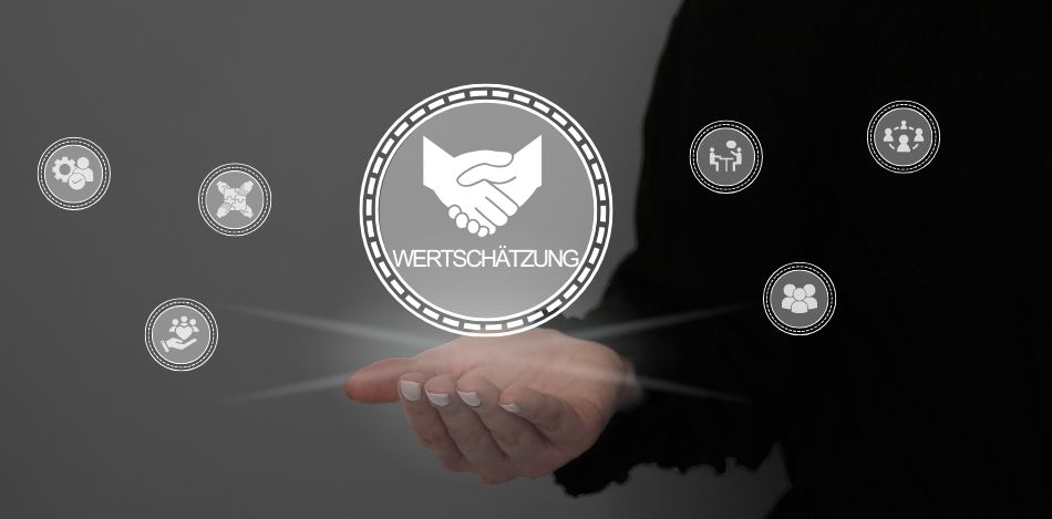 Wertschätzung Man sieht einen Kreis mit dem Wort Wertschätzung neben kleineren Kreisen mit verschiedenen Symbolen.